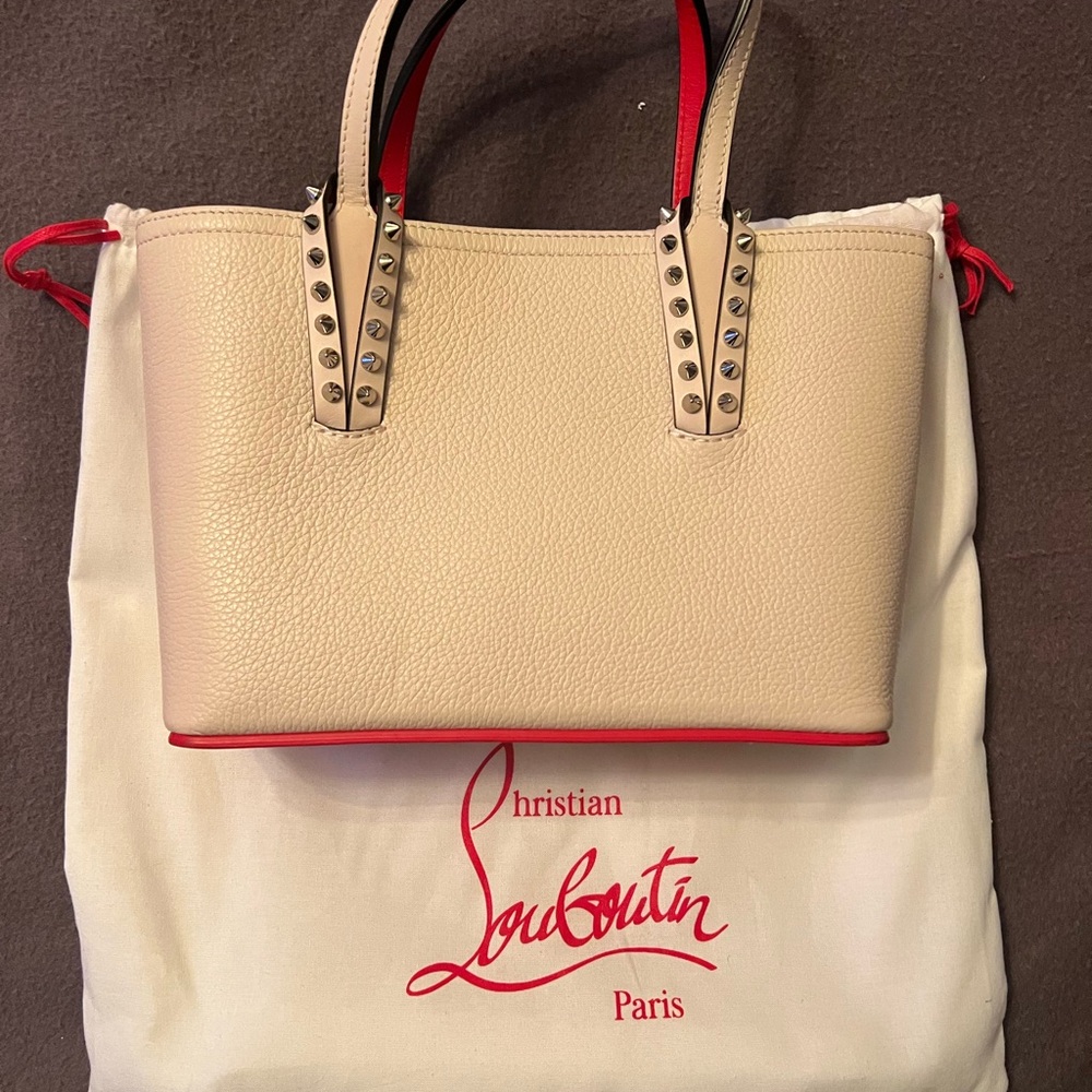 Christian Louboutin Off White Cabata mini Leather Tote w Red Trim Studded